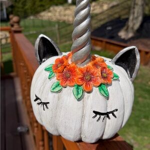 Sleepy Unicorn Pumpkin Decor with Silver Horn and Orange Flower Crown home Decor